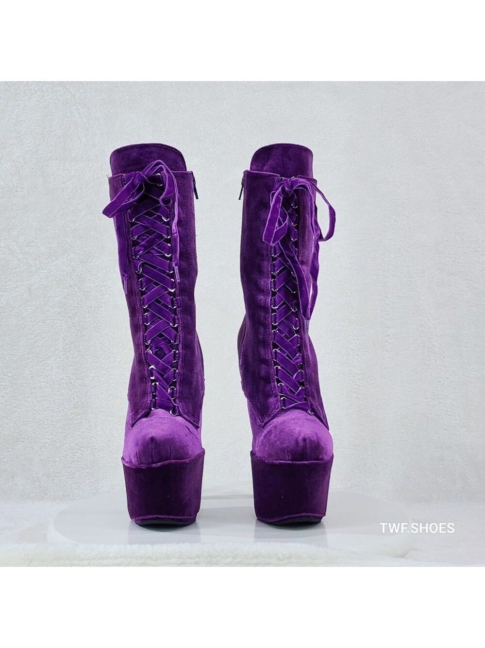 1020 Purple Velvet 7" High Heel Platform Ankle Boots With Boot Protectors - Picture 7 of 8